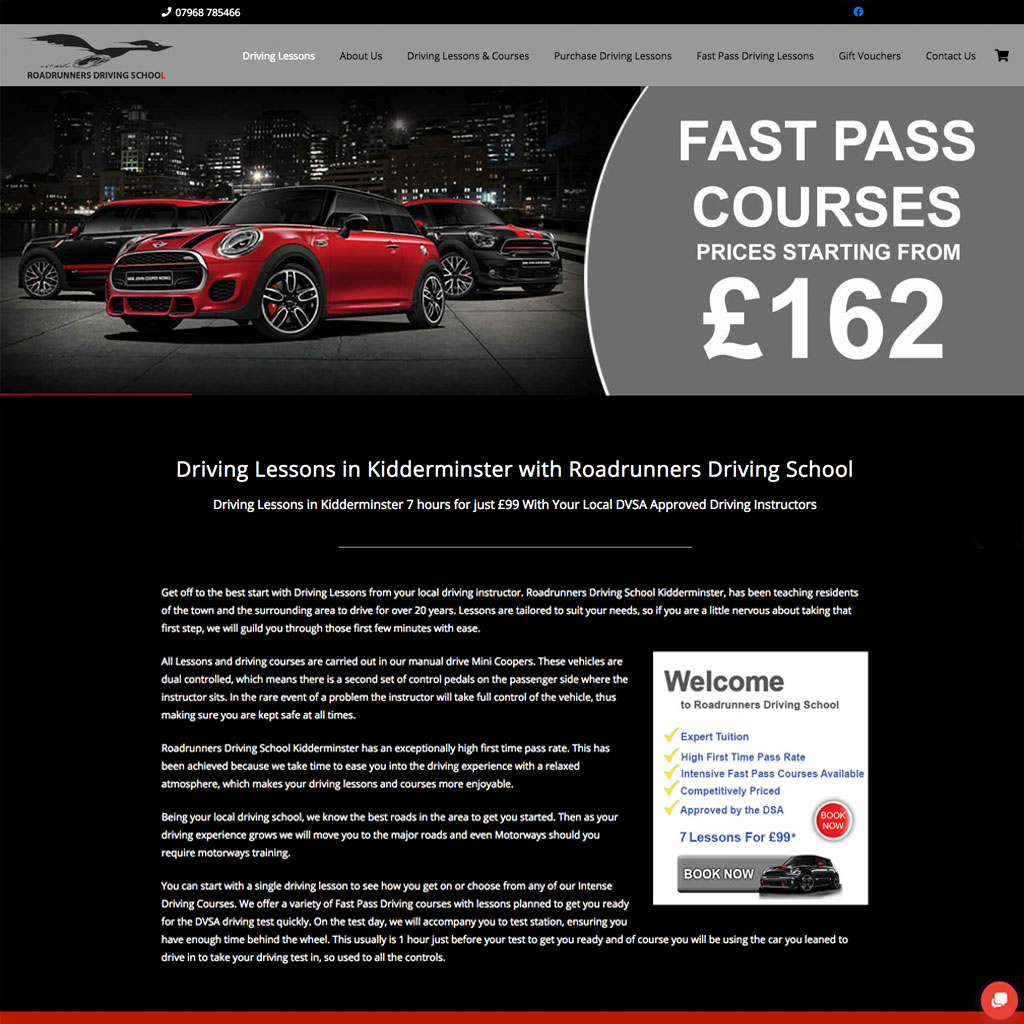 Home page for Roadrunners Driving School Website